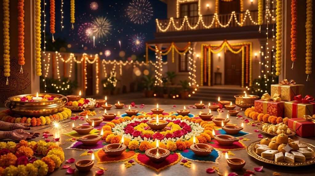 Rows of lit oil lamps (diyas) and rangoli decorating a home for Diwali, the Hindu festival of lights