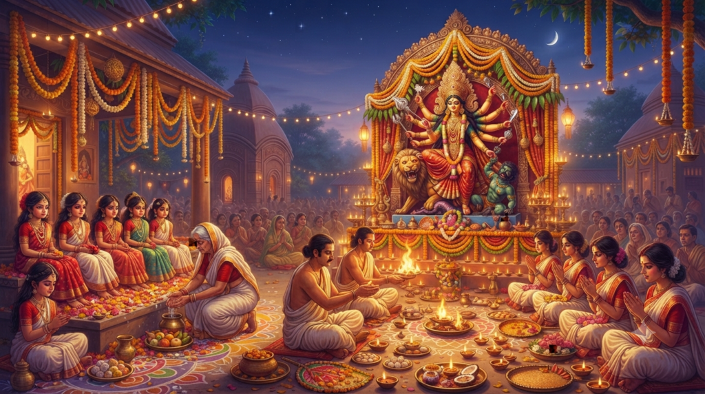 A decorated Durga idol worshipped during Durga Ashtami, the eighth day of Sharad Navratri