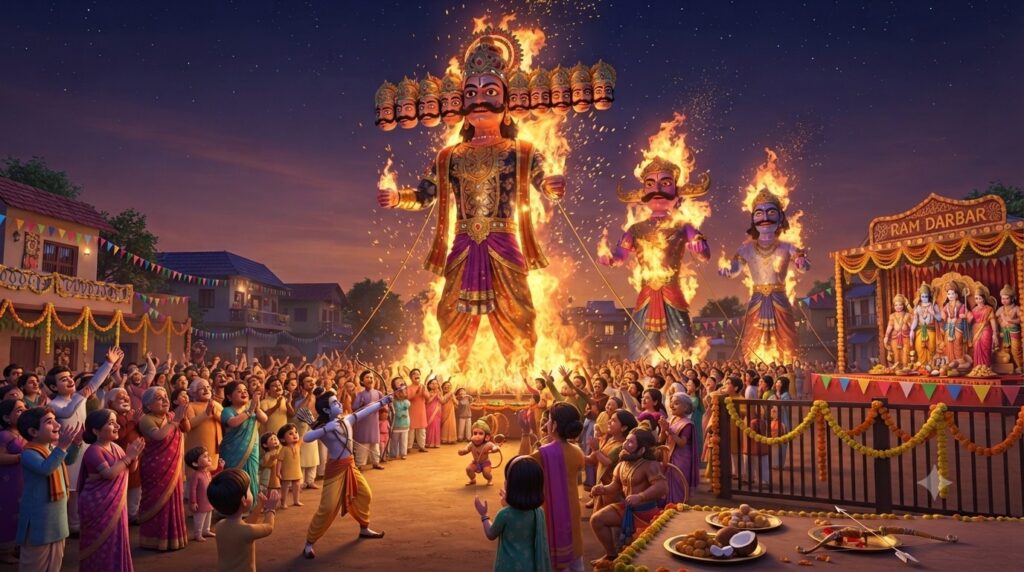 An effigy of the demon king Ravana burning on Dussehra, marking Lord Rama's victory of good over evil