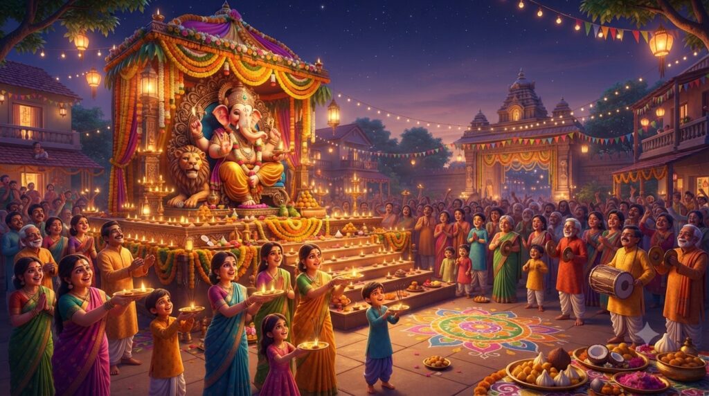 A clay Ganesha idol adorned with flowers for worship during Ganesh Chaturthi