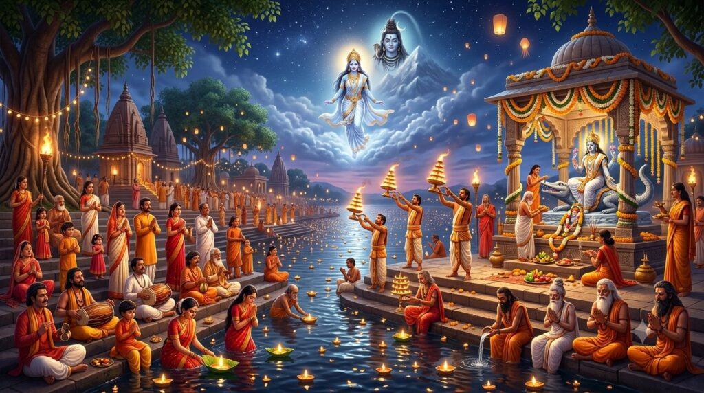 Devotees performing ritual bathing and prayer on the banks of the Ganga during Ganga Dussehra