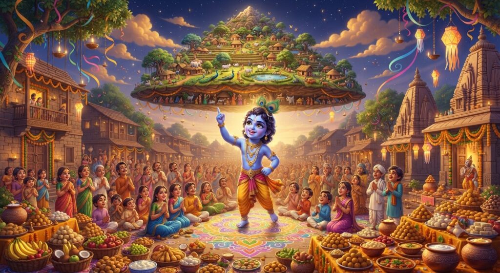 An Annakut food offering laid out for Govardhan Puja, honoring Krishna lifting Govardhan Hill