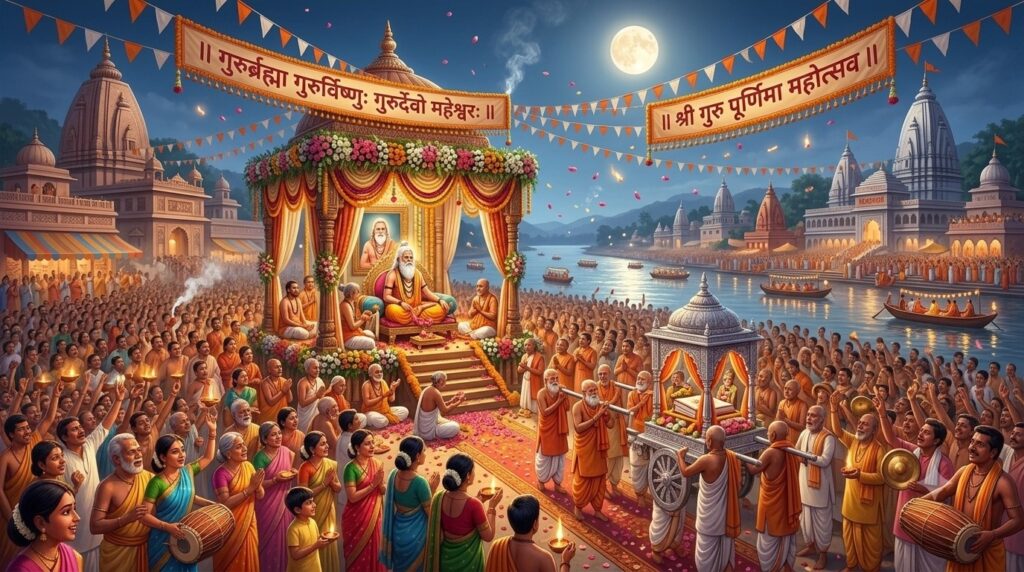 A student offering respects to a teacher (guru) on Guru Purnima
