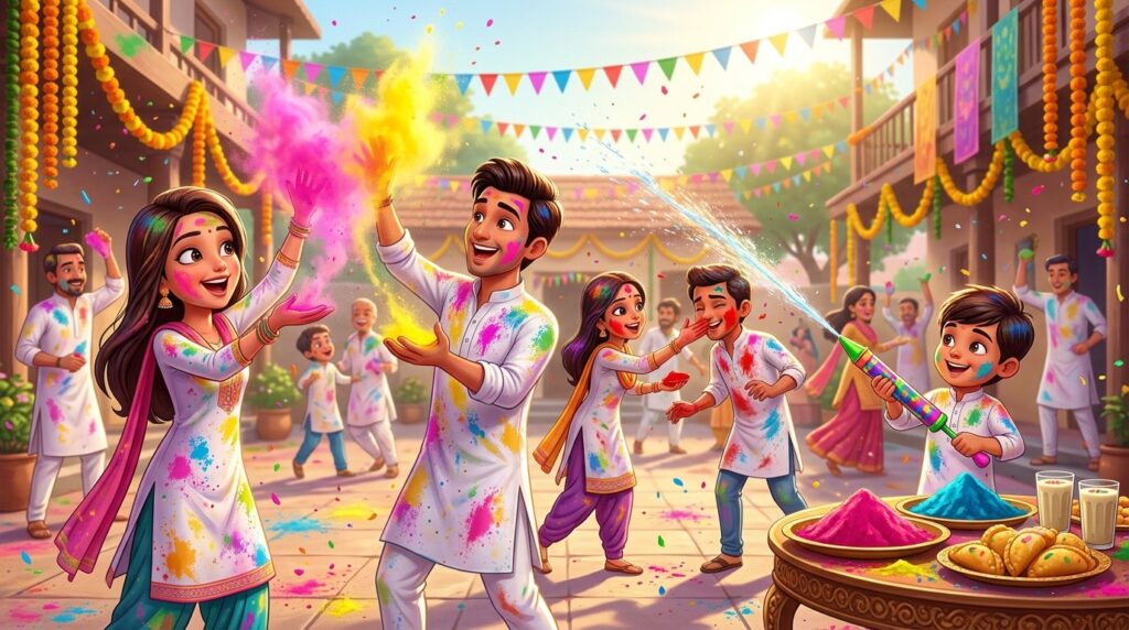 People throwing colored powder (gulal) and celebrating together on Holi, the festival of colors