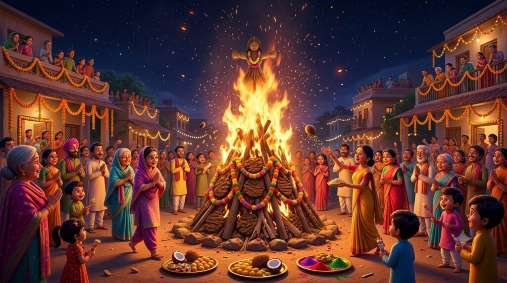 A bonfire lit on the evening of Holika Dahan, symbolizing the triumph of devotion over evil