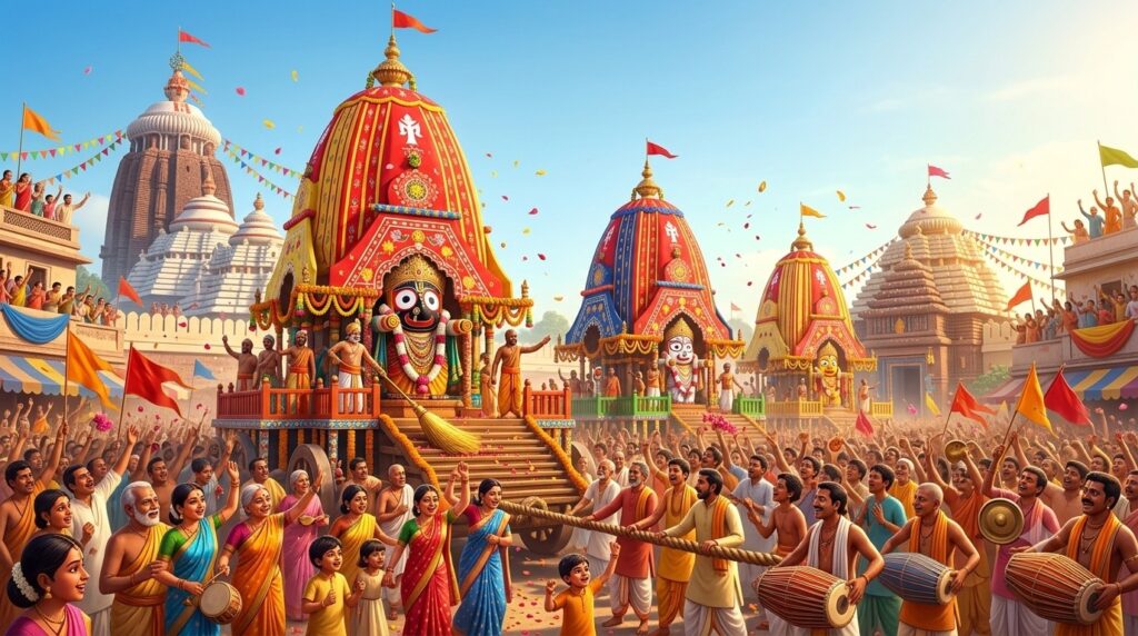 Devotees pulling the giant wooden chariots of Lord Jagannath during the Ratha Yatra procession in Puri