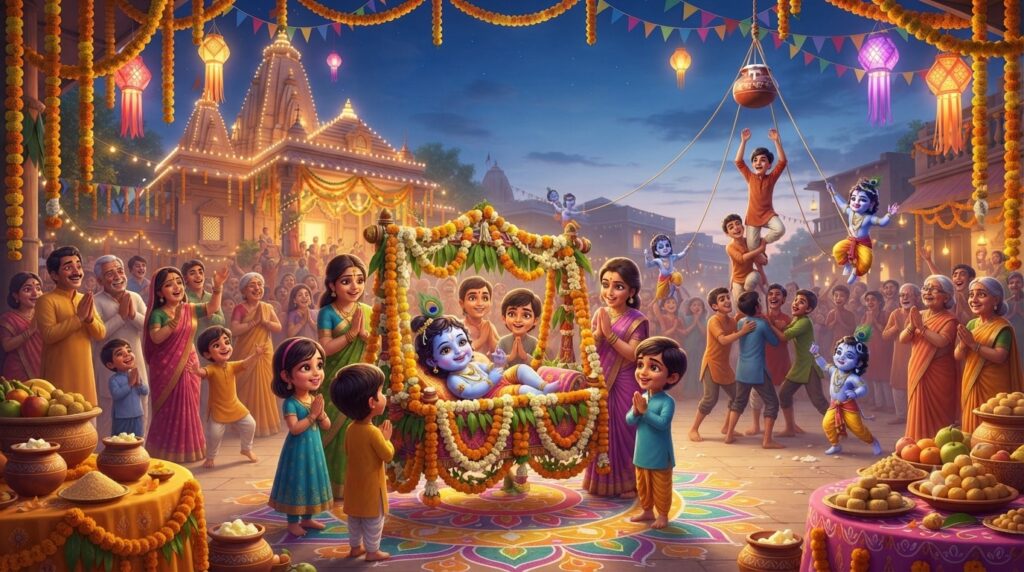 Devotees celebrating the midnight birth of Lord Krishna on Krishna Janmashtami