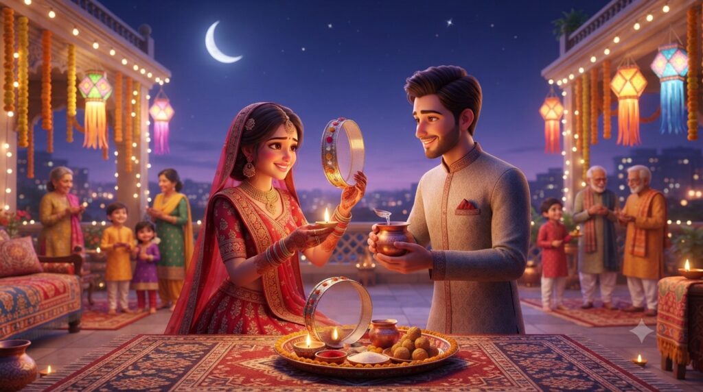A married woman viewing the moon through a sieve to complete her Karva Chauth fast