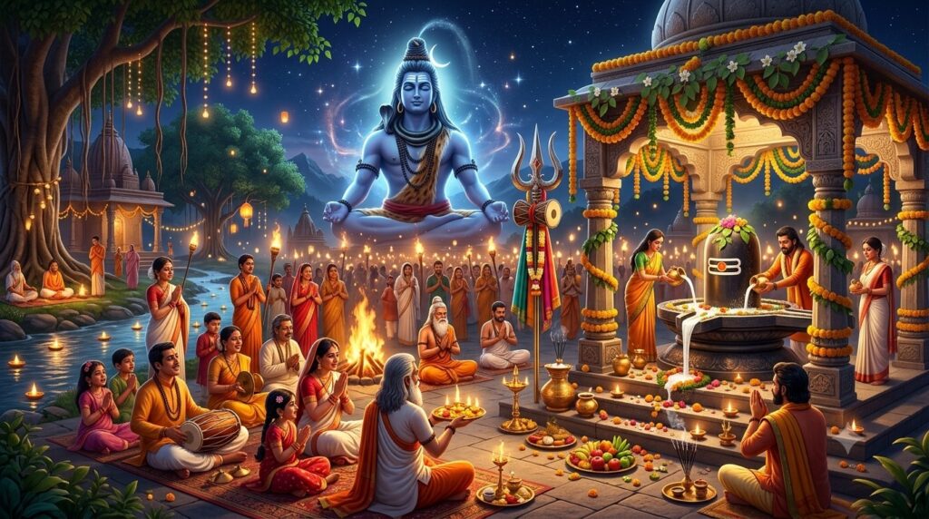 Devotees offering prayers and bael leaves at a Shiva temple during the Maha Shivratri night vigil