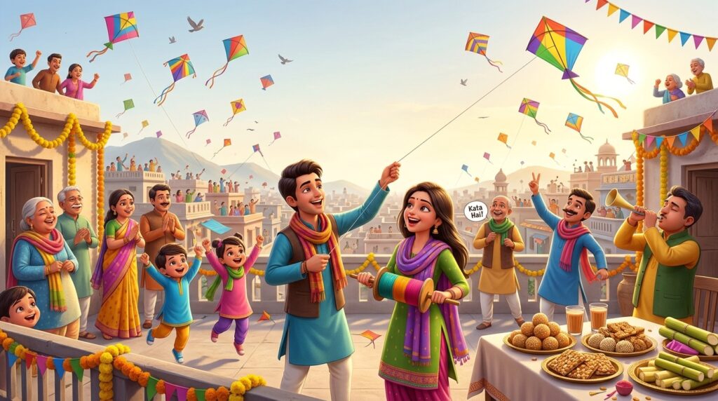 Kites flying in the sky and til-gud sweets shared to mark Makar Sankranti