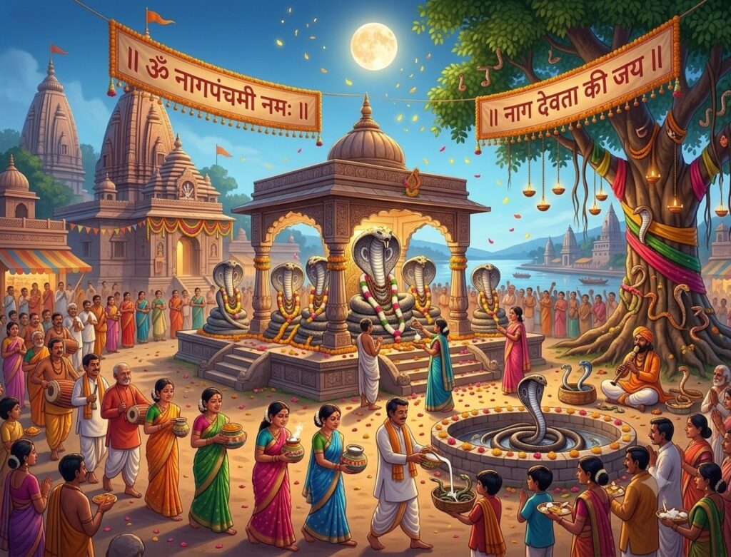Devotees offering milk and prayers to a snake idol on Nag Panchami