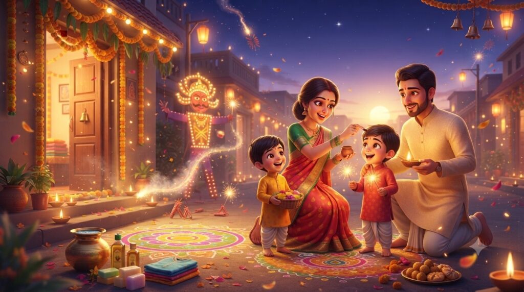 Small clay lamps lit before dawn for Naraka Chaturdashi (Choti Diwali), the day before Diwali