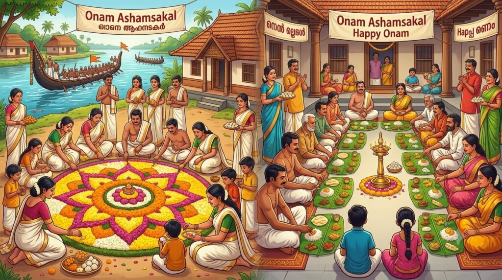A traditional pookalam flower rangoli and Sadya feast celebrating Onam, Kerala's harvest festival