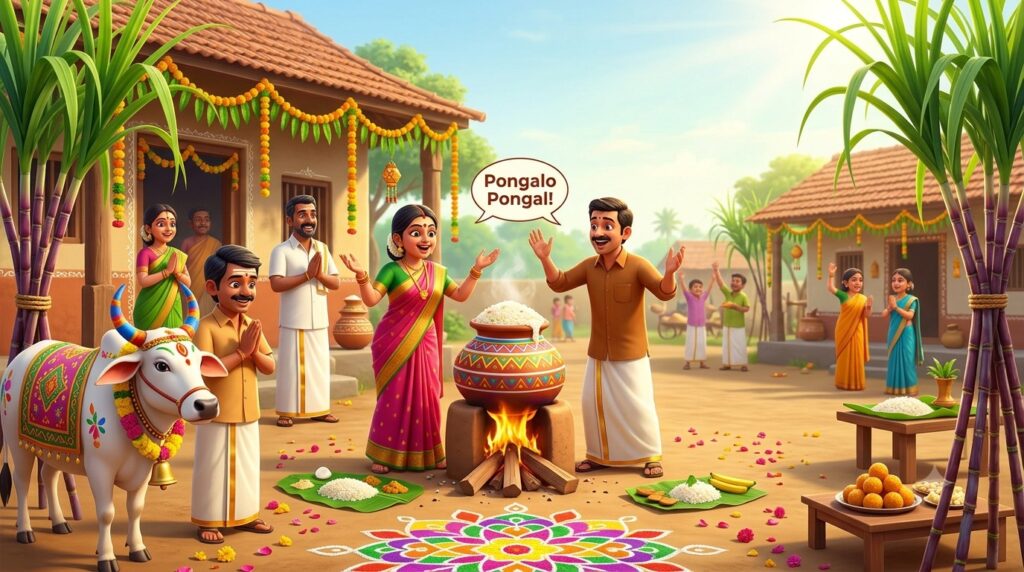 Rice boiling over in a clay pot, the traditional ritual marking Pongal, Tamil Nadu's harvest festival