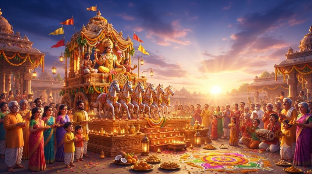 Devotees offering prayers to the rising sun on Ratha Saptami, dedicated to Surya the Sun God