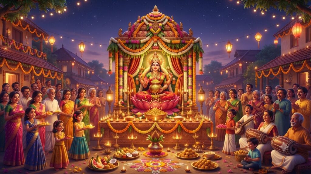 A decorated kalash representing Goddess Varalakshmi, worshipped by married women during Varalakshmi Vratam