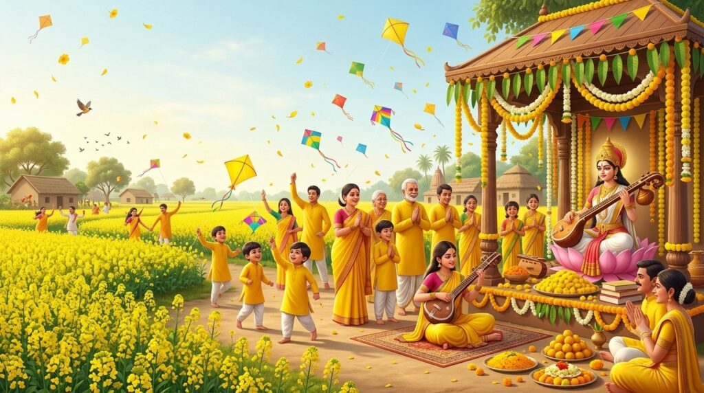 An idol of Goddess Saraswati in yellow, worshipped with books and instruments on Vasant Panchami